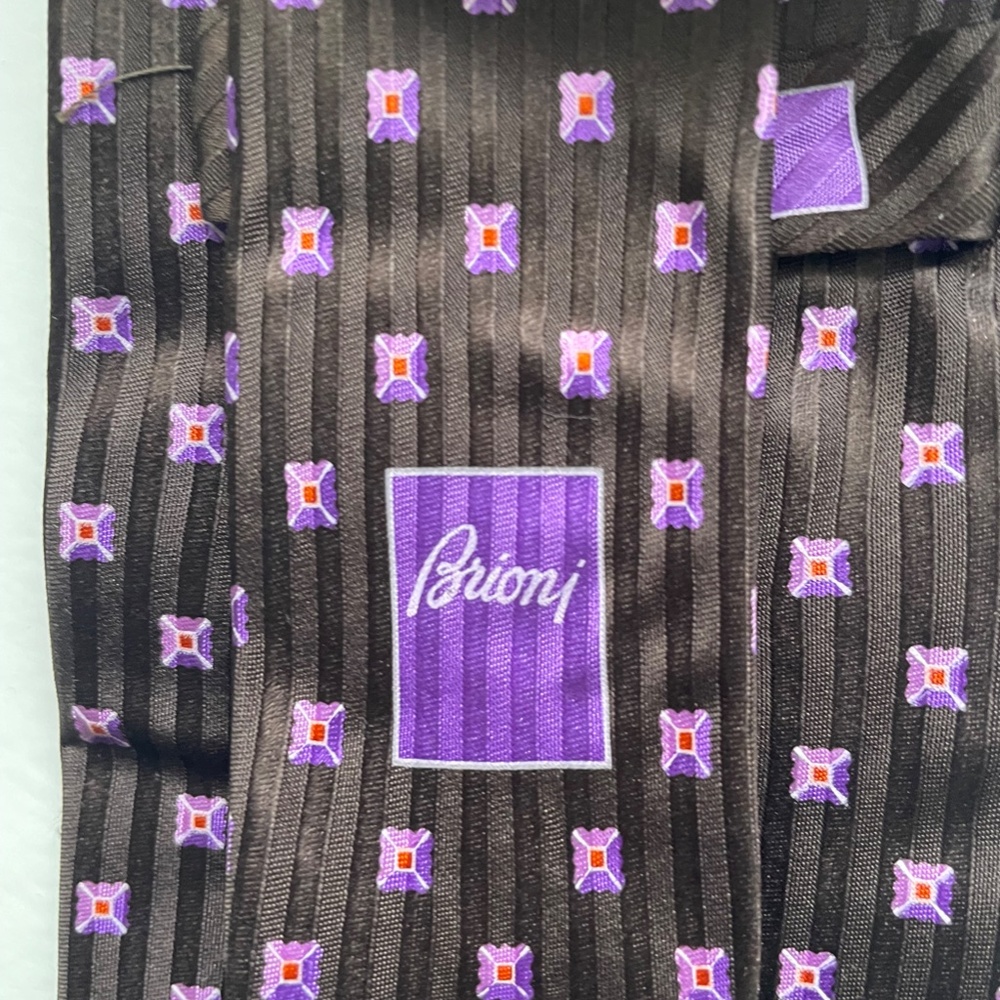 BRIONI Tie Brown Purple Italian Silk Striped Geometric
